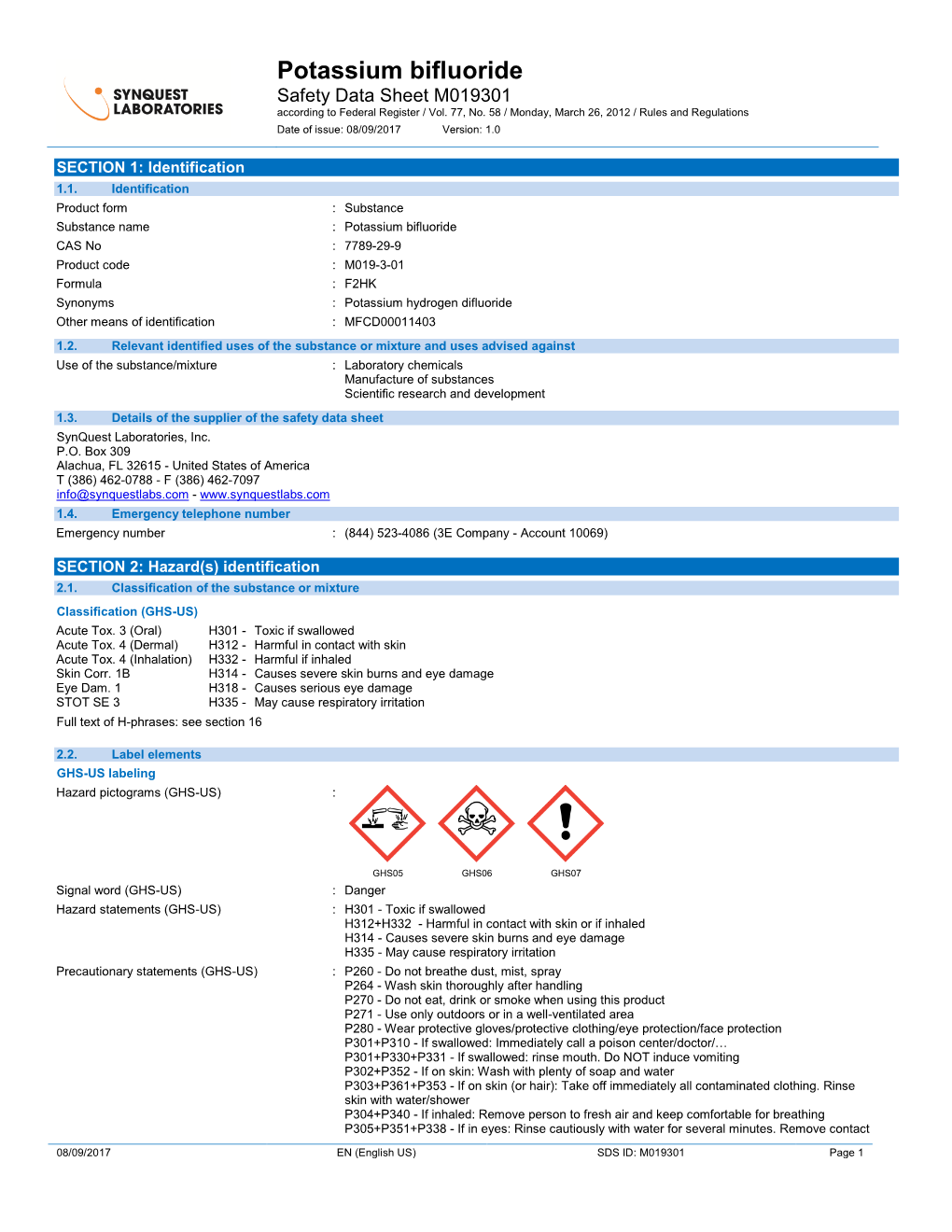 Potassium Bifluoride Safety Data Sheet M019301 According to Federal Register / Vol