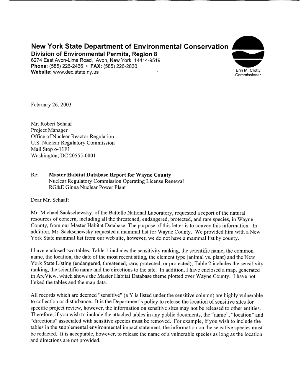 Letter From: NY State Department of Environmental Conservation, To