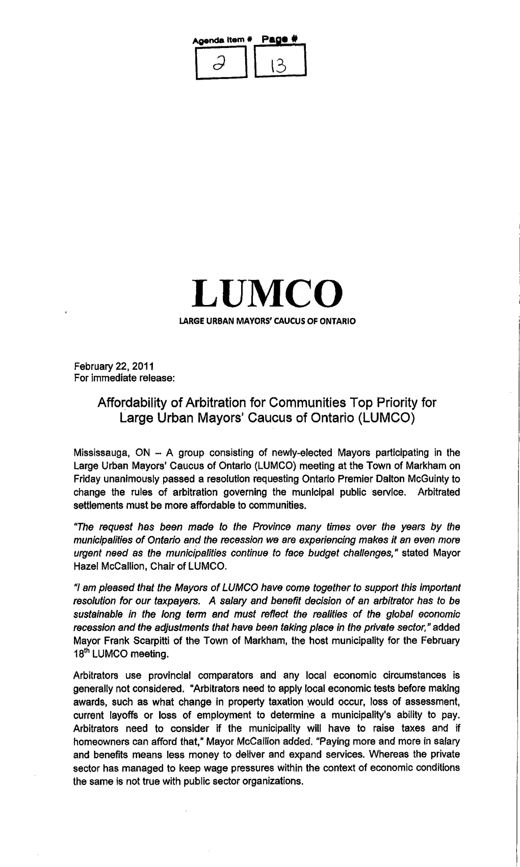 Affordability of Arbitration for Communities Top Priority for Large Urban Mayors' Caucus of Ontario (LUMCO)