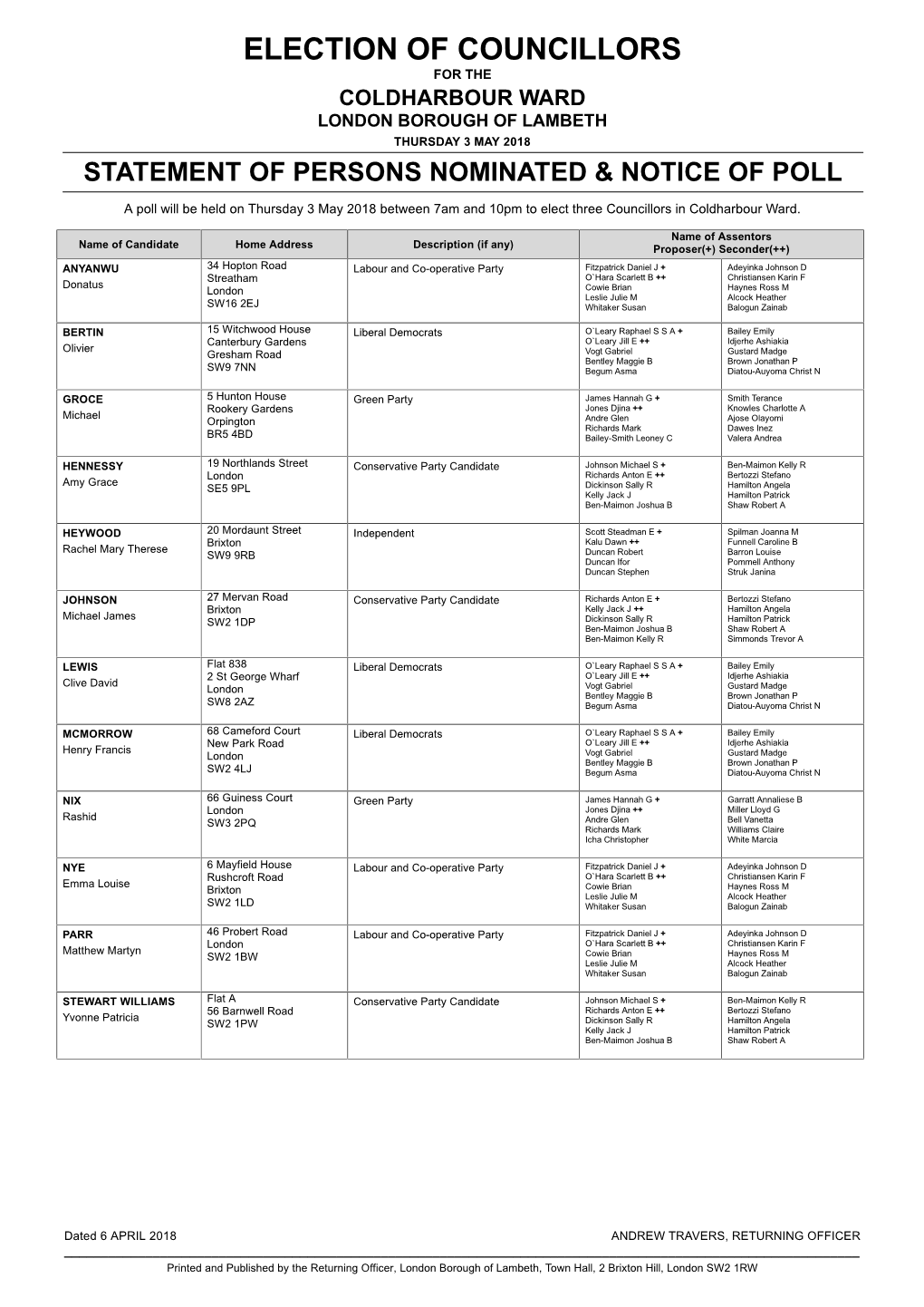 Election of Councillors for the Coldharbour Ward London Borough of Lambeth Thursday 3 May 2018 Statement of Persons Nominated & Notice of Poll