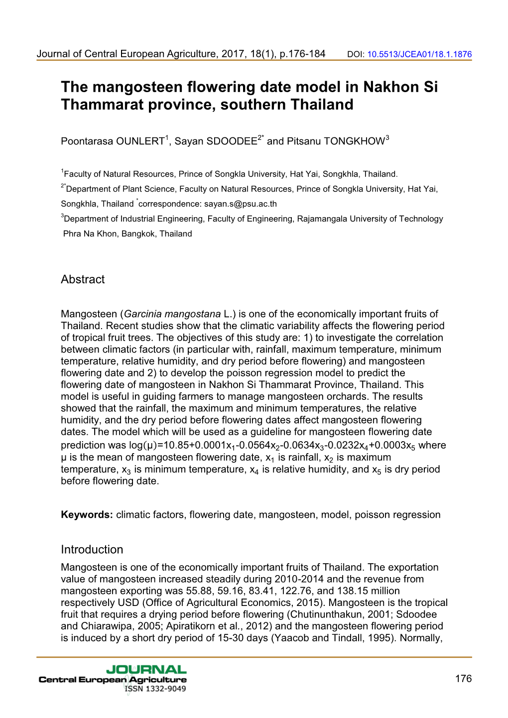 The Mangosteen Flowering Date Model in Nakhon Si Thammarat Province, Southern Thailand