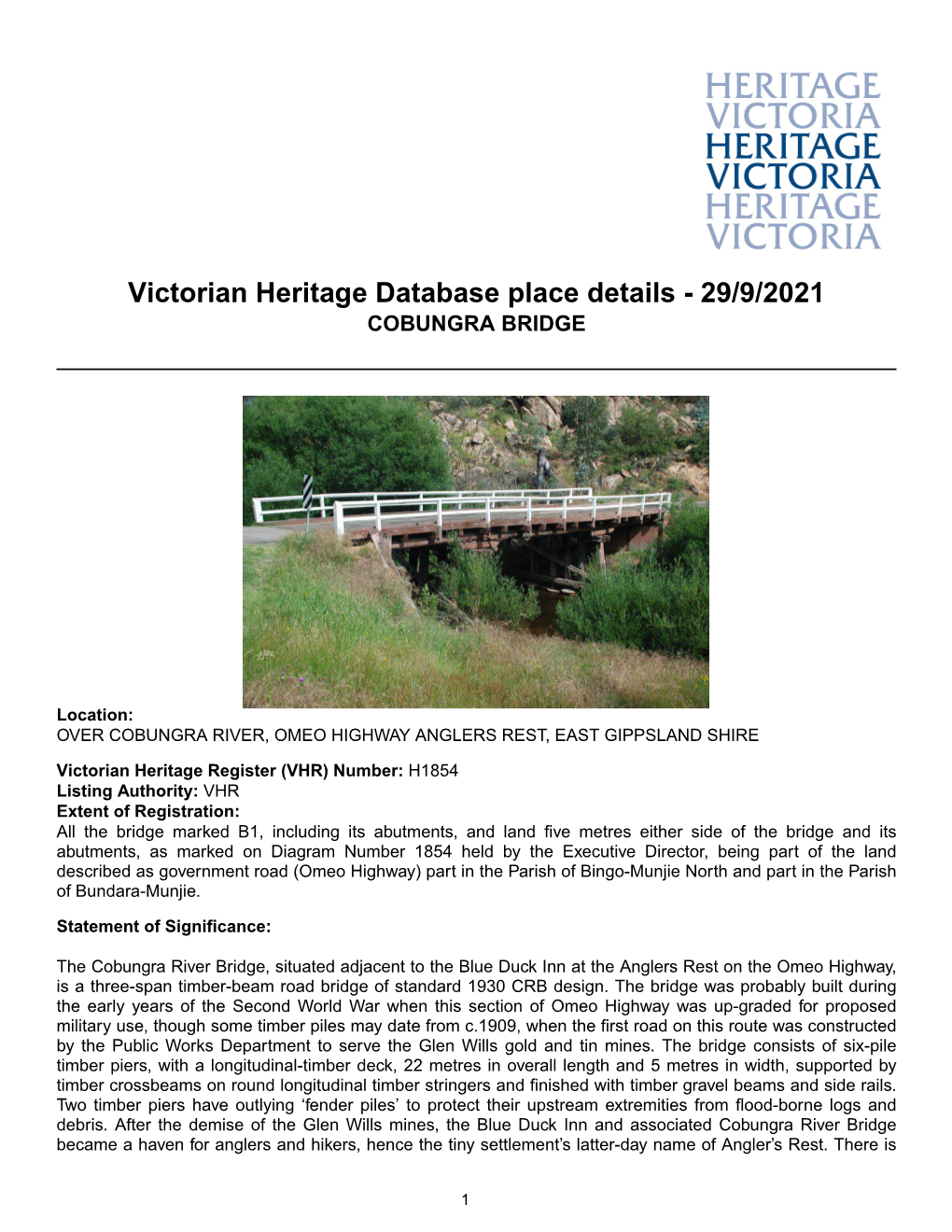 Victorian Heritage Database Place Details - 29/9/2021 COBUNGRA BRIDGE