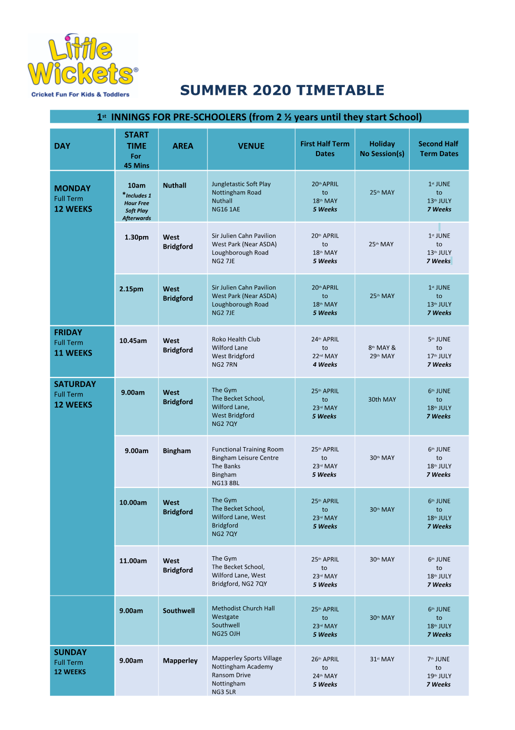 Summer 2020 Timetable