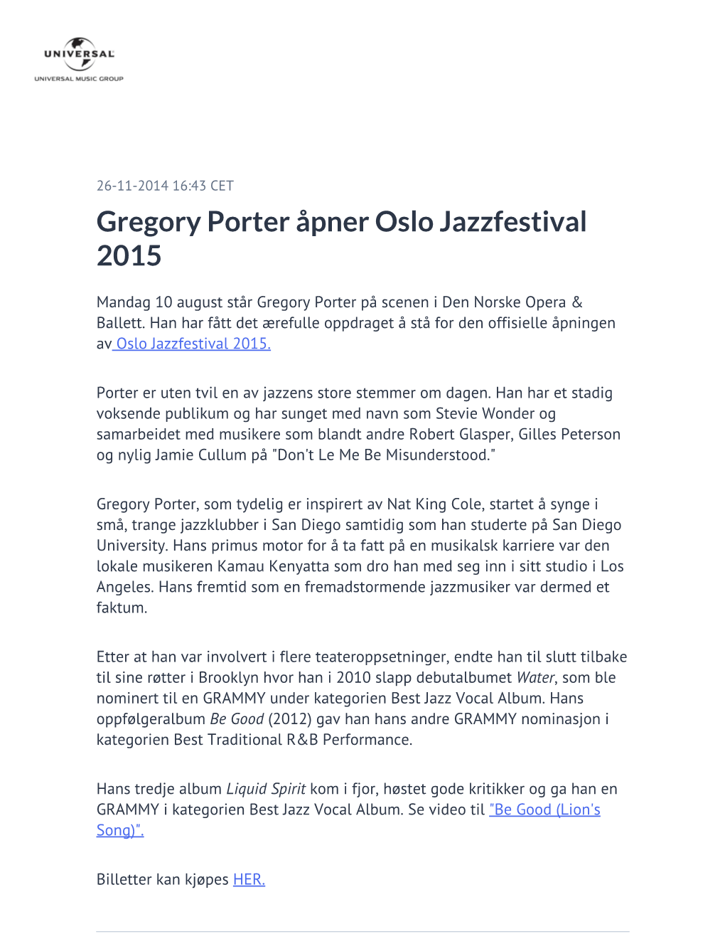 Gregory Porter Åpner Oslo Jazzfestival 2015