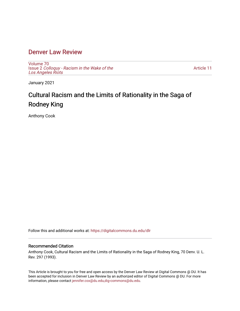 Cultural Racism and the Limits of Rationality in the Saga of Rodney King