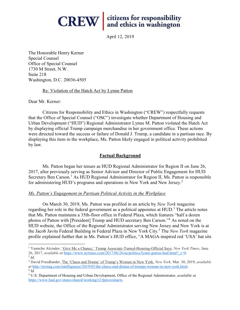 April 12, 2019 the Honorable Henry Kerner Special Counsel Office Of