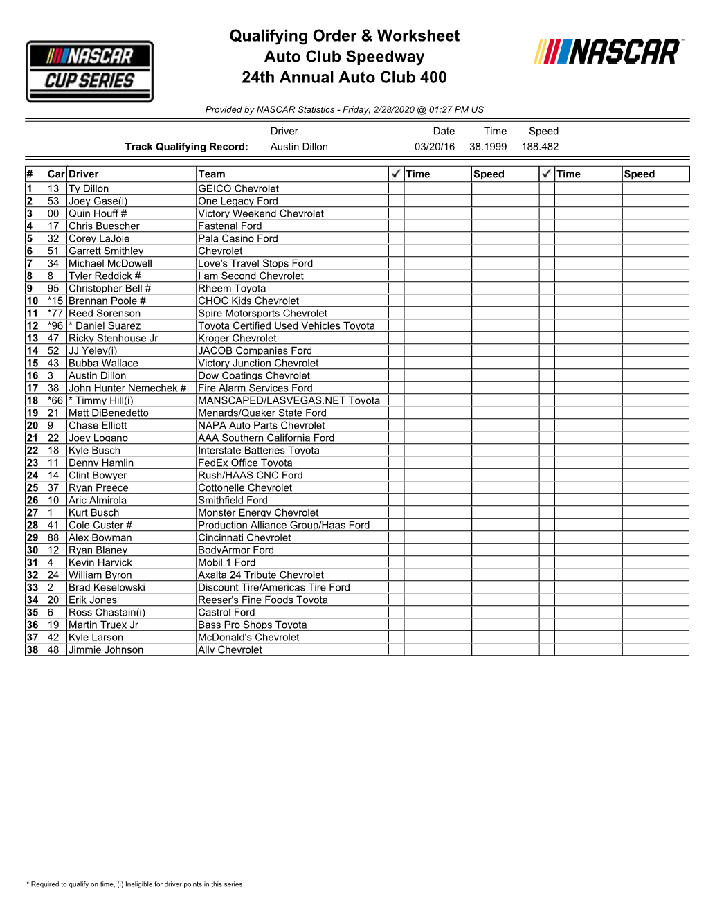 Qualifying Order & Worksheet Auto Club Speedway 24Th Annual Auto