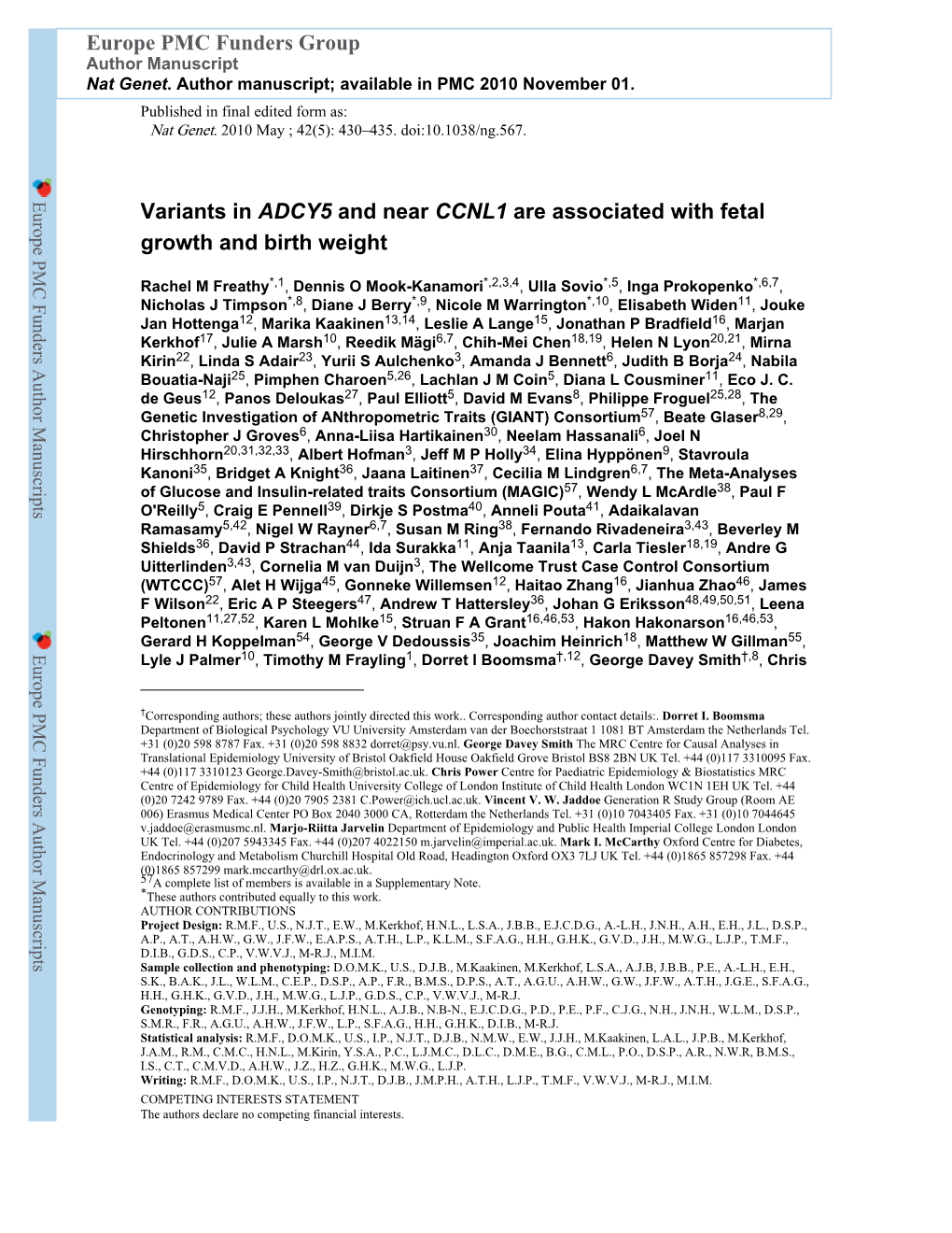 Variants in ADCY5 and Near CCNL1 Are Associated with Fetal Growth and Birth Weight