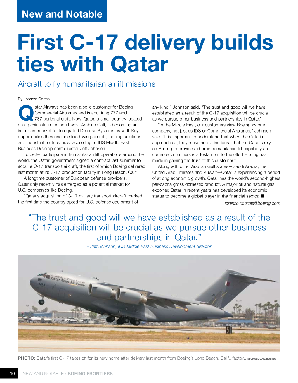 First C-17 Delivery Builds Ties with Qatar Aircraft to Fly Humanitarian Airlift Missions