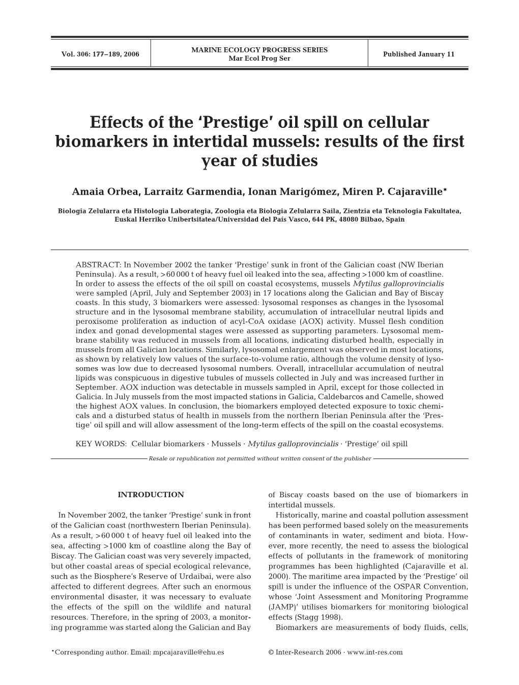 Effects of the 'Prestige' Oil Spill on Cellular Biomarkers in Intertidal Mussels