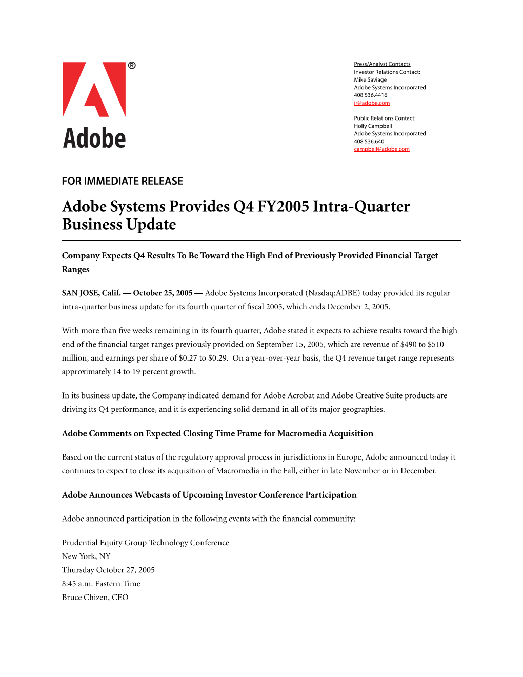 Adobe Systems Provides Q4 FY2005 Intra-Quarter Business Update