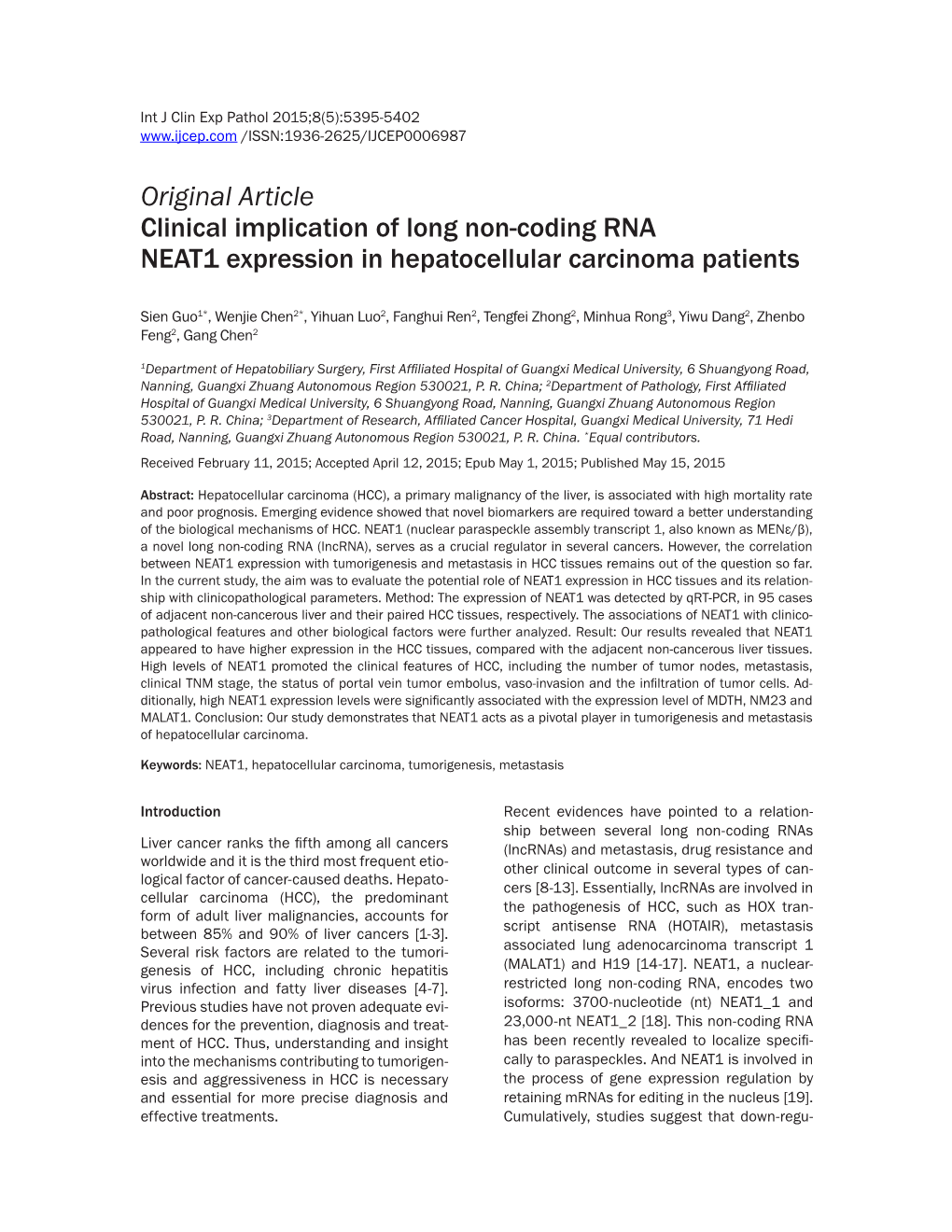 Original Article Clinical Implication of Long Non-Coding RNA NEAT1 Expression in Hepatocellular Carcinoma Patients