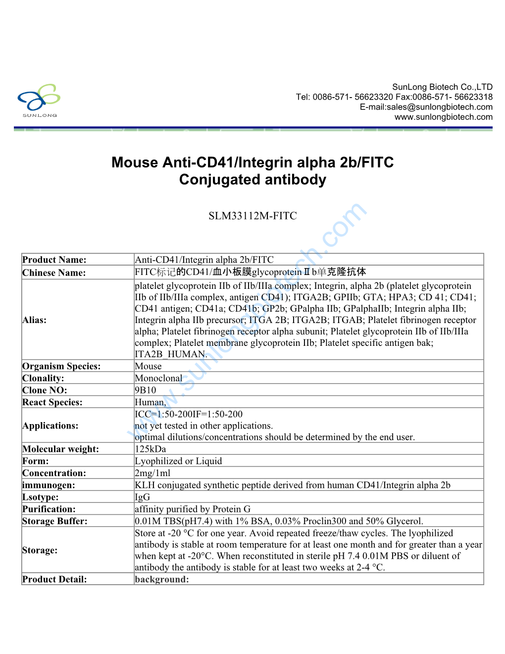 Mouse Anti-CD41/Integrin Alpha 2B/FITC Conjugated Antibody