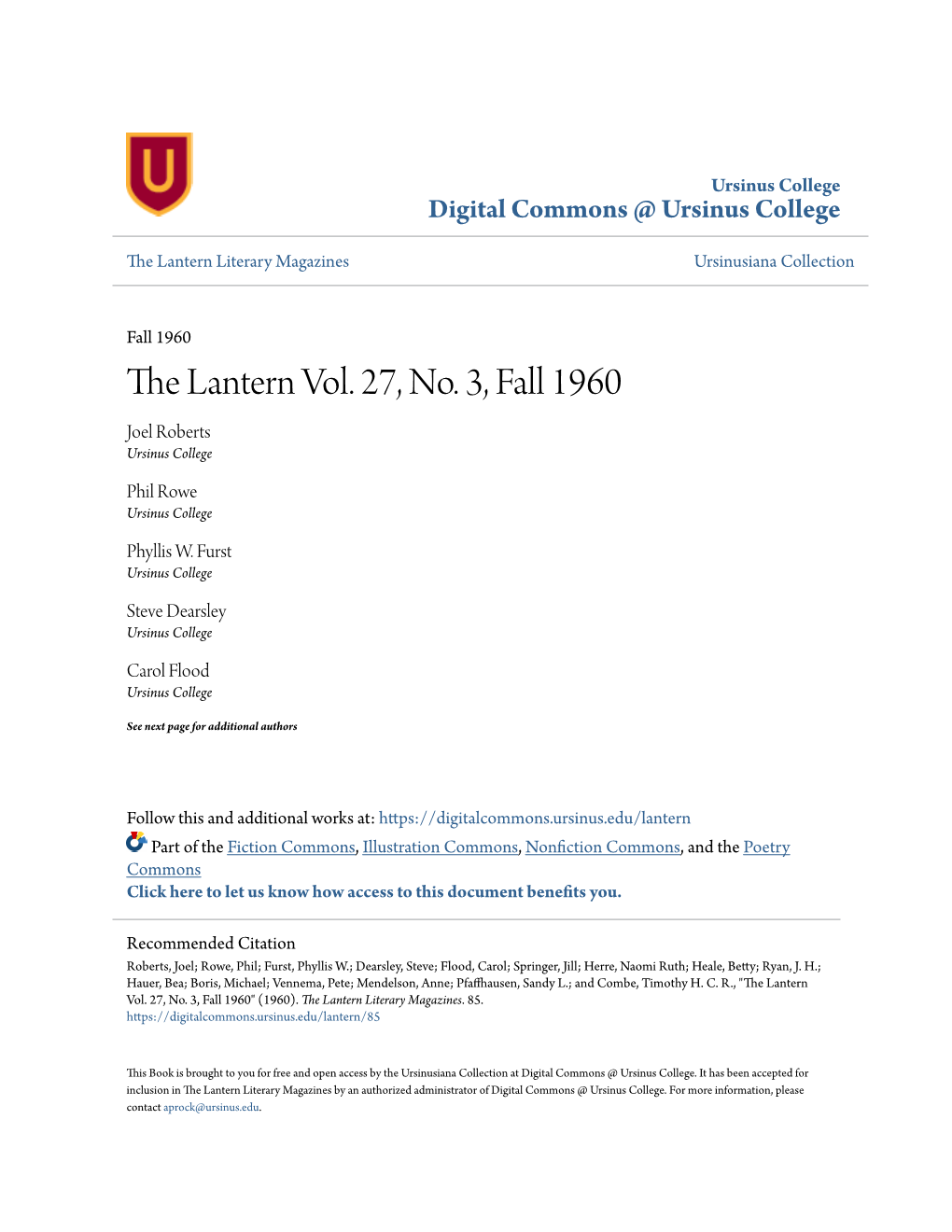 The Lantern Vol. 27, No. 3, Fall 1960 Joel Roberts Ursinus College