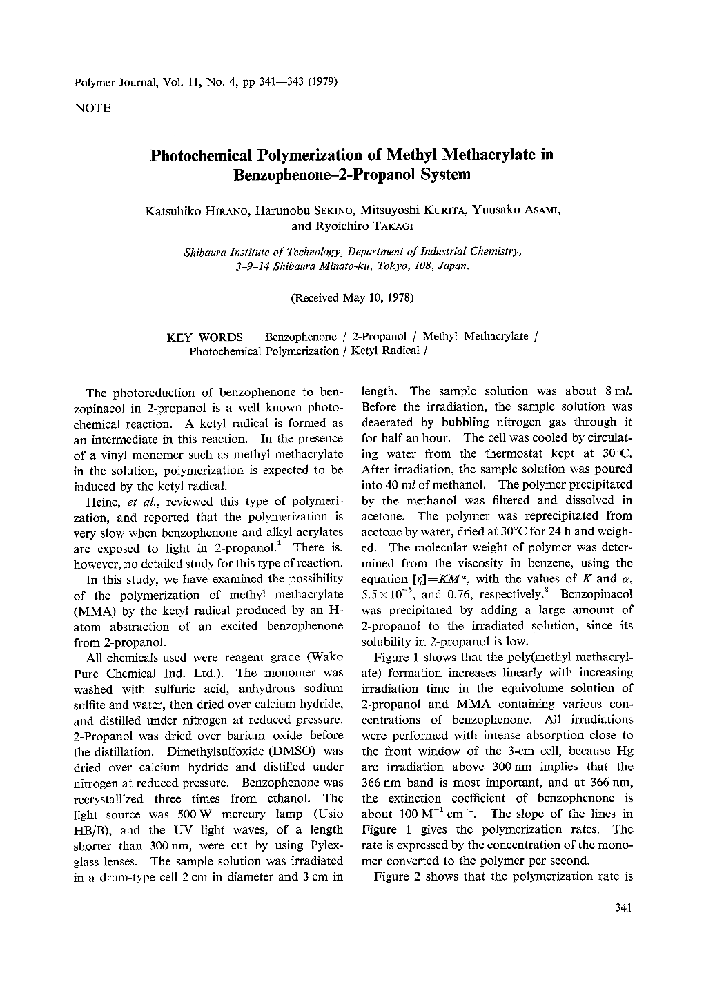 Photochemical Polymerization of Methyl Methacrylate in Benzophenone-2-Propanol System