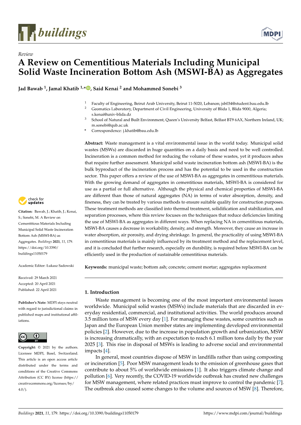 A Review on Cementitious Materials Including Municipal Solid Waste Incineration Bottom Ash (MSWI-BA) As Aggregates