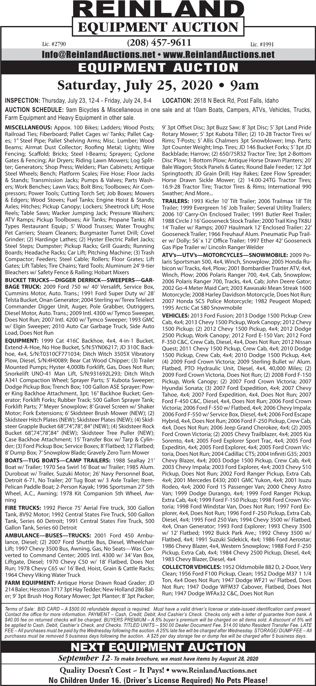 REINLAND EQUIPMENT AUCTION Lic