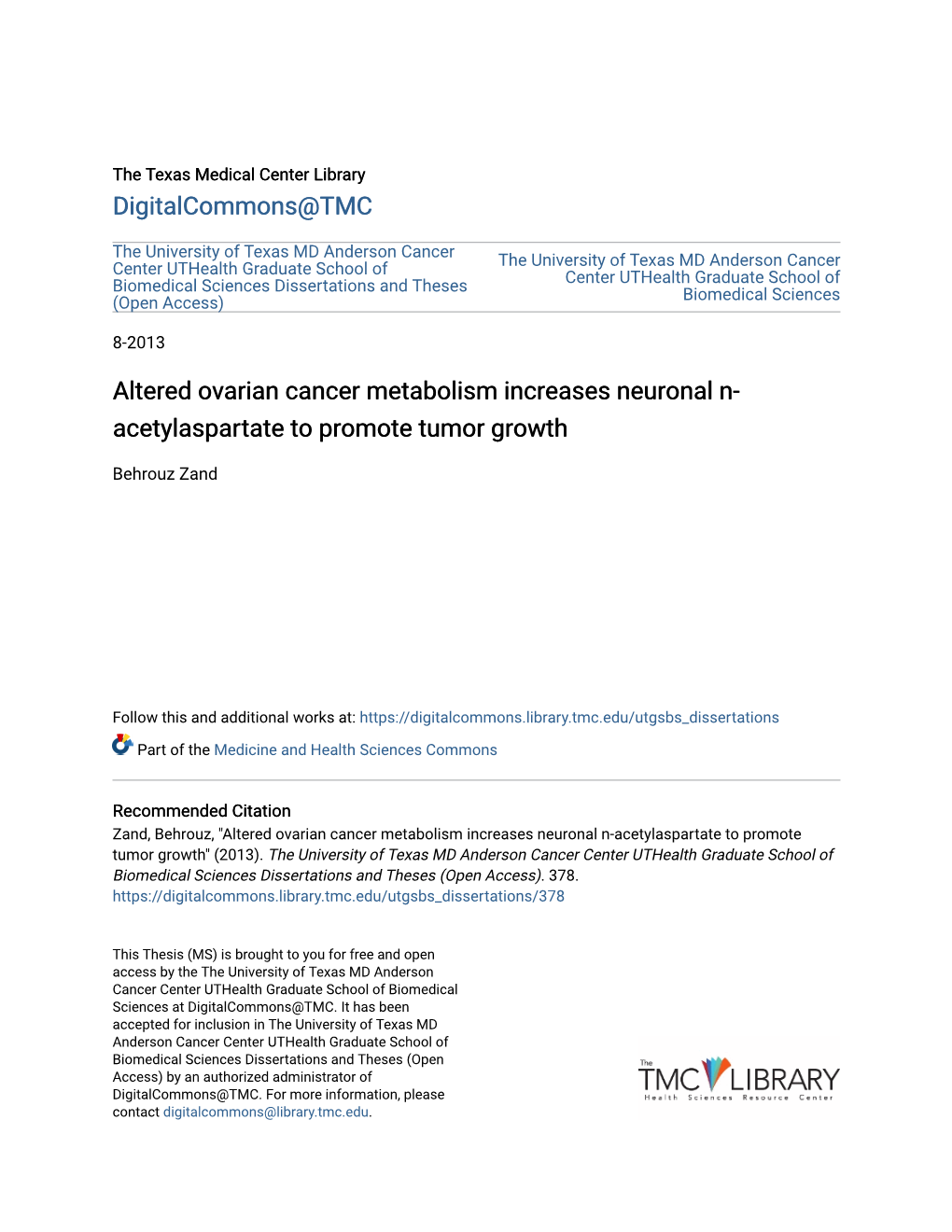 Altered Ovarian Cancer Metabolism Increases Neuronal N- Acetylaspartate to Promote Tumor Growth