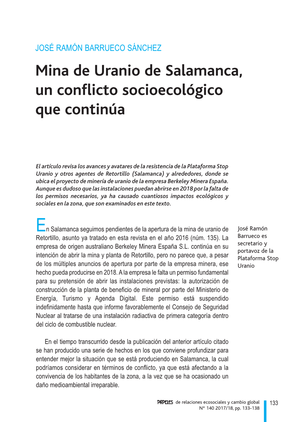 Mina De Uranio De Salamanca, Un Conflicto Socioecológico Que Continúa