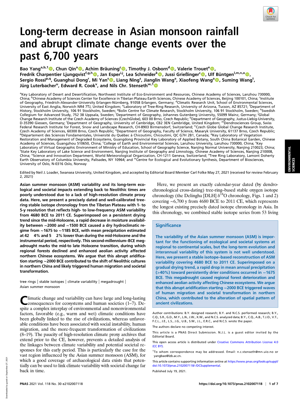 Long-Term Decrease in Asian Monsoon Rainfall and Abrupt Climate Change Events Over the Past 6,700 Years