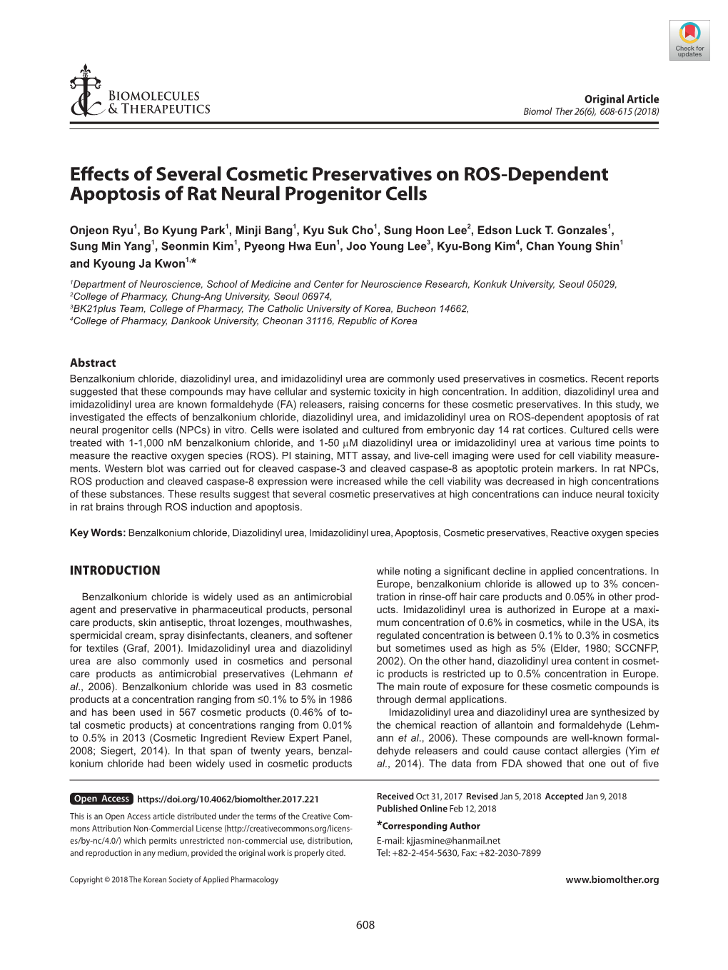 Effects of Several Cosmetic Preservatives on ROS-Dependent Apoptosis of Rat Neural Progenitor Cells