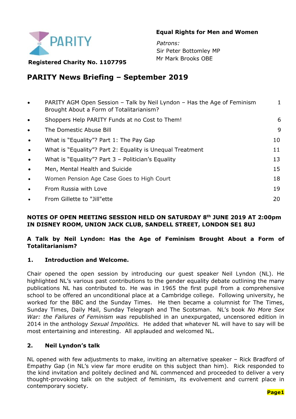 PARITY News Briefing – September 2019