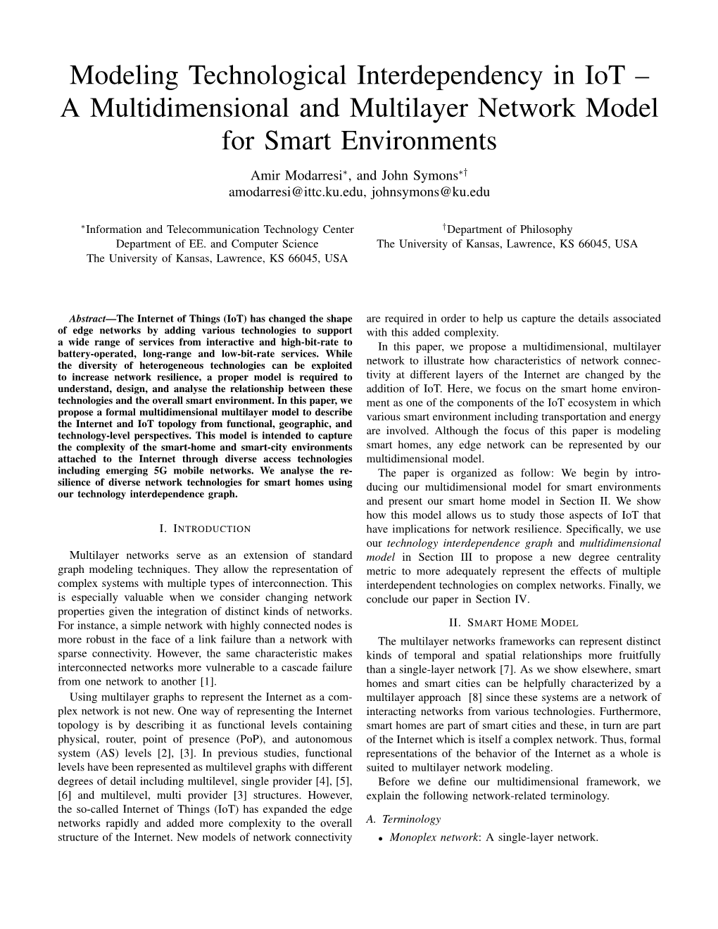 Modeling Technological Interdependency in Iot – a Multidimensional and Multilayer Network Model for Smart Environments