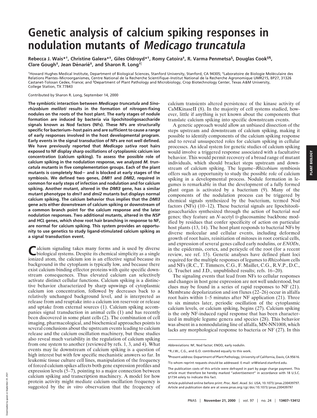 Genetic Analysis of Calcium Spiking Responses in Nodulation Mutants of Medicago Truncatula