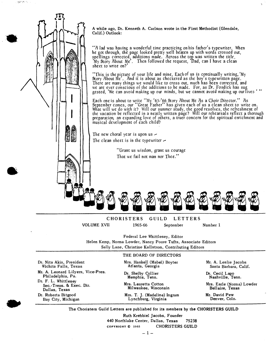 Titil Iltitt CHORISTERS GUILD LETTERS VOLUME XVII� 1965-66� September� Number 1