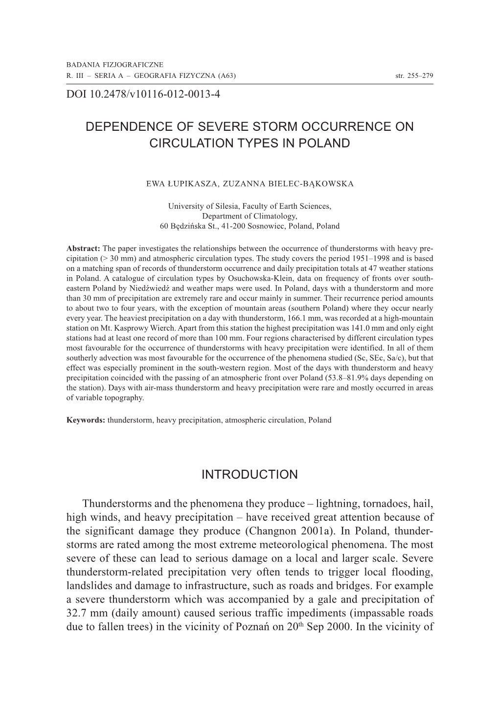 Dependence of Severe Storm Occurrence on Circulation Types in Poland