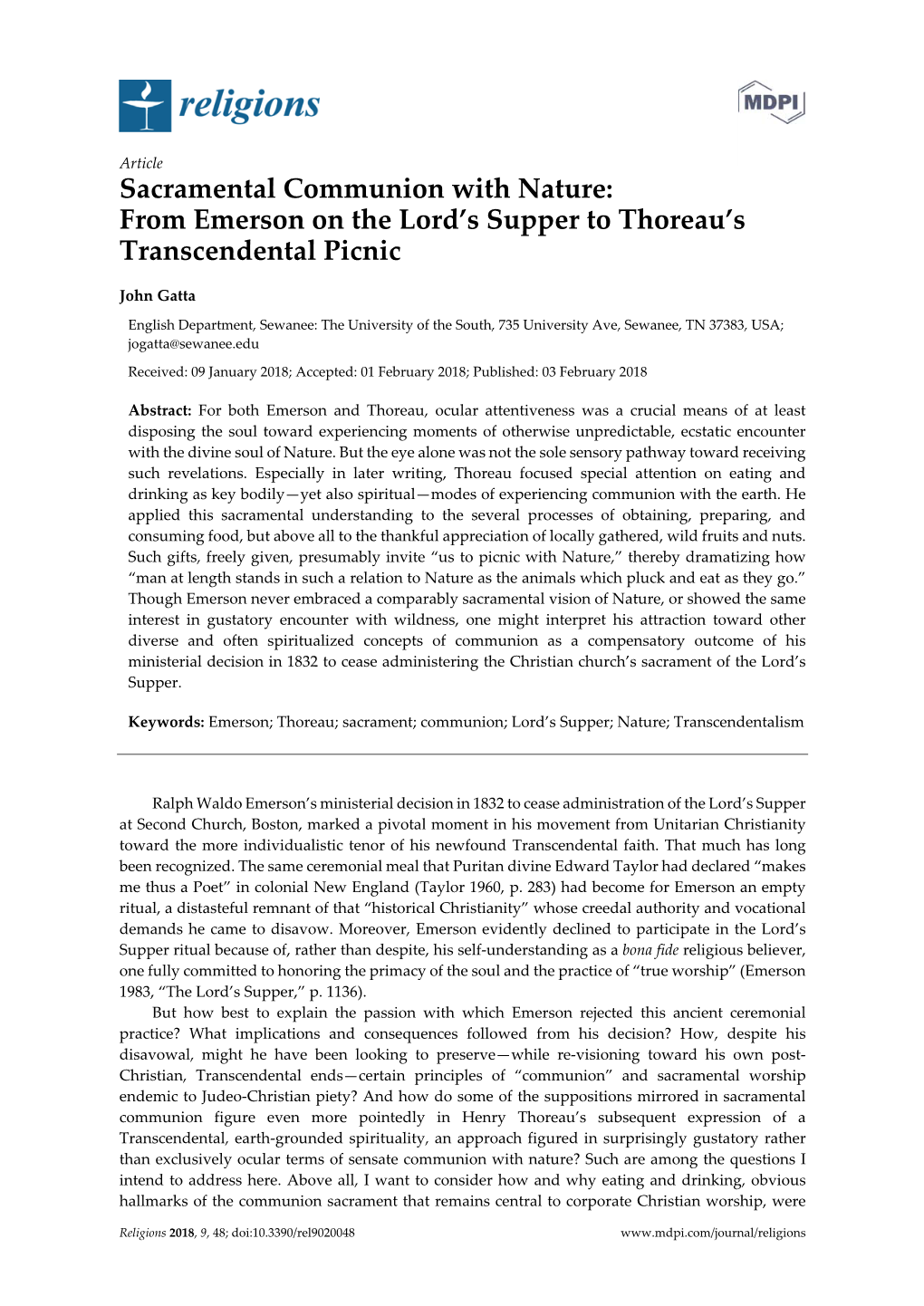 From Emerson on the Lord's Supper to Thoreau's Transcendental