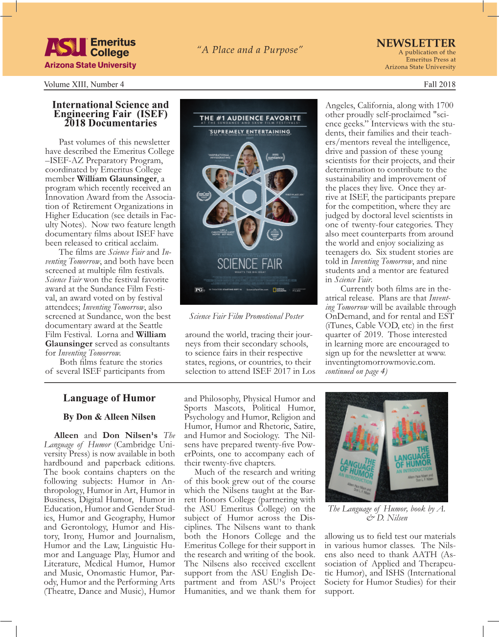 NEWSLETTER “A Place and a Purpose” a Publication of the Emeritus Press at Arizona State University