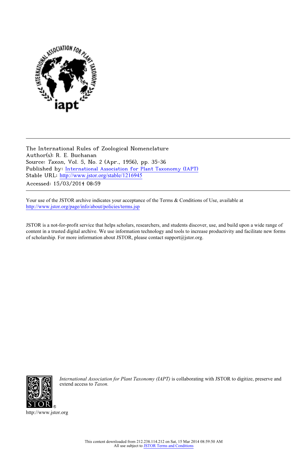 The International Rules of Zoological Nomenclature Author(S): R