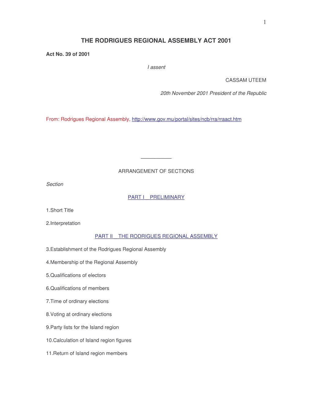 1 the Rodrigues Regional Assembly Act 2001