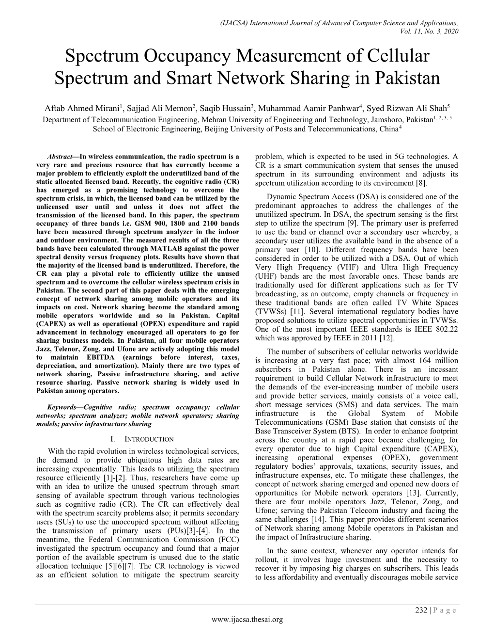 Spectrum Occupancy Measurement of Cellular Spectrum and Smart Network Sharing in Pakistan