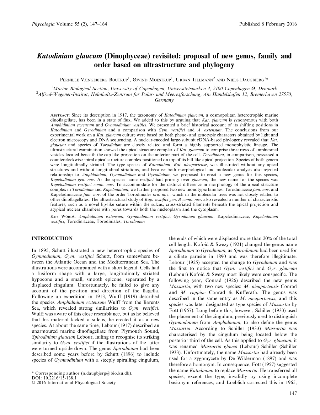 Katodinium Glaucum (Dinophyceae) Revisited: Proposal of New Genus, Family and Order Based on Ultrastructure and Phylogeny