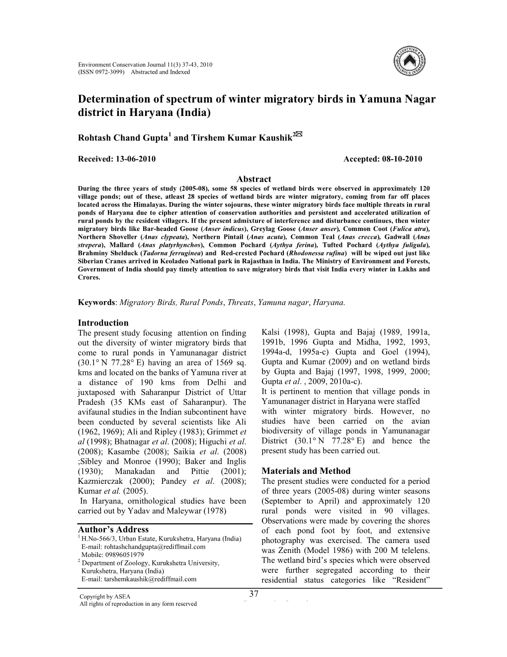 Determination of Spectrum of Winter Migratory Birds in Yamuna Nagar District in Haryana (India)