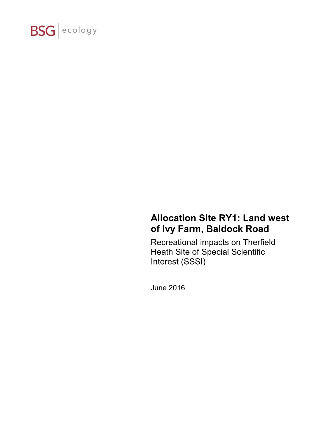 Allocation Site RY1: Land West of Ivy Farm, Baldock Road Recreational Impacts on Therfield Heath Site of Special Scientific Interest (SSSI)