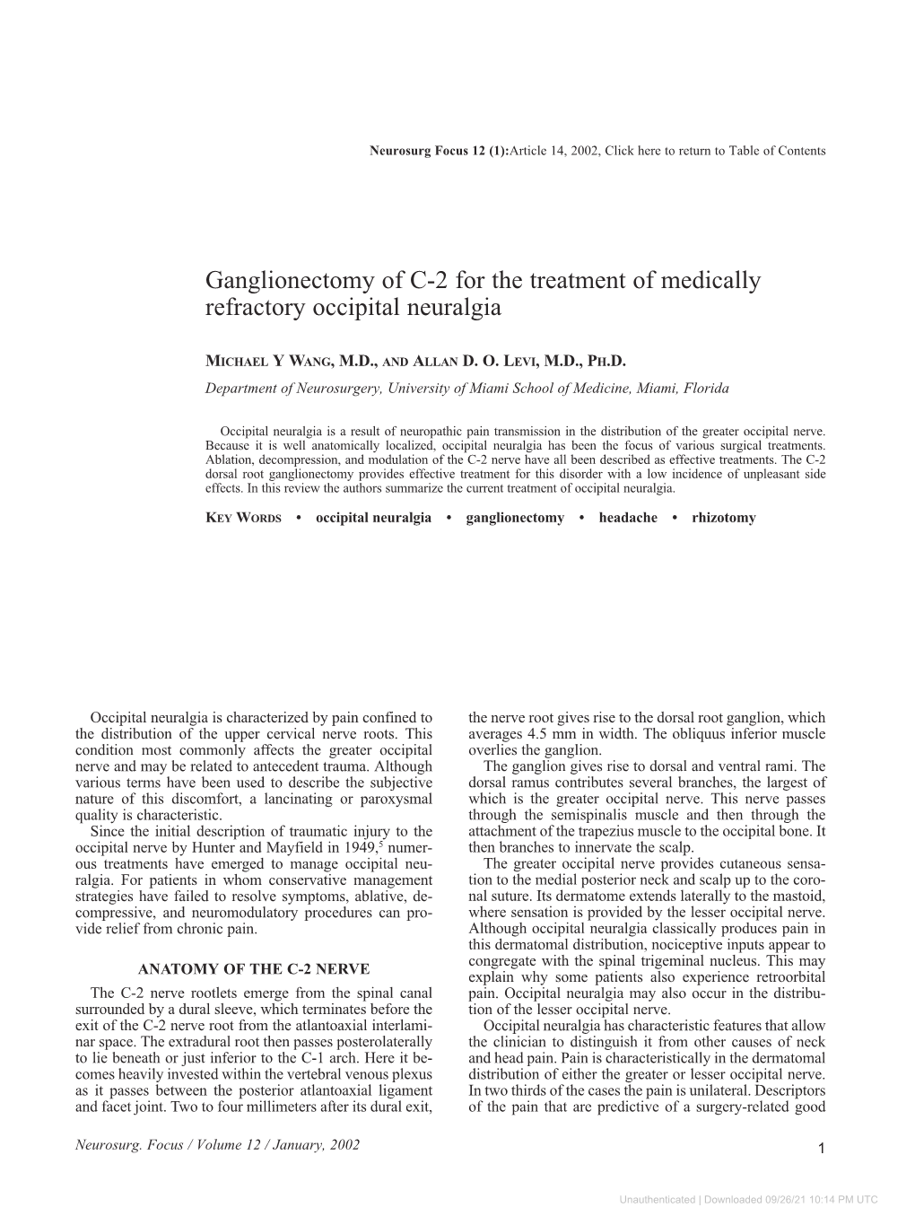 Ganglionectomy of C-2 for the Treatment of Medically Refractory Occipital Neuralgia