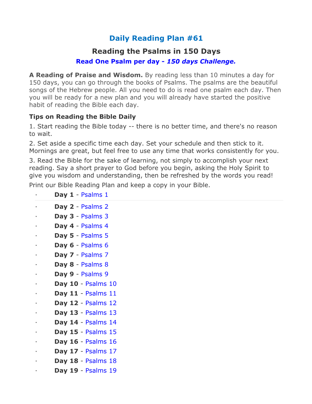 Read One Psalm Per Day - 150 Days Challenge