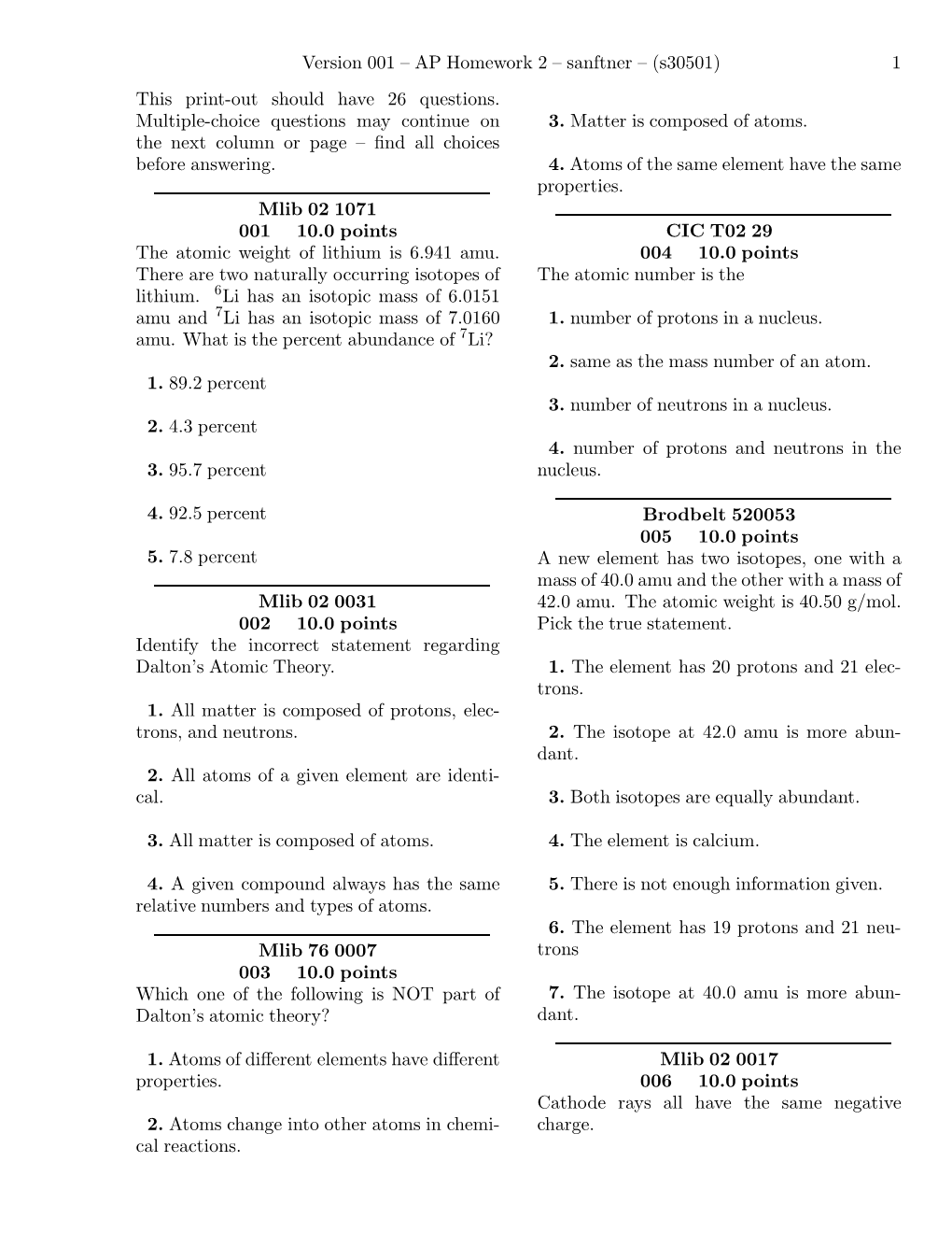 Version 001 – AP Homework 2 – Sanftner – (S30501)