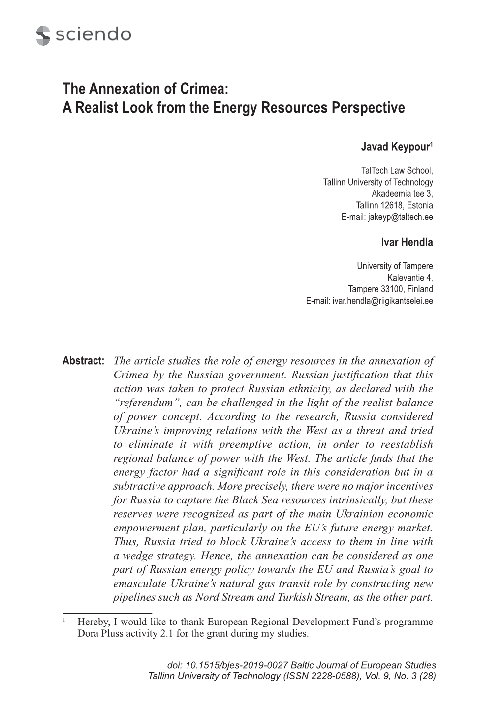 The Annexation of Crimea: a Realist Look from the Energy Resources Perspective