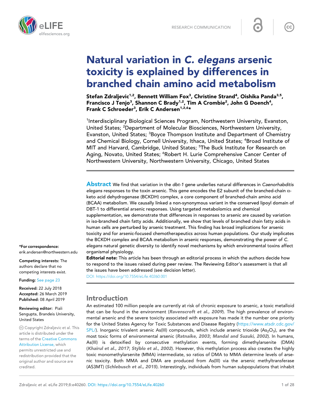 Natural Variation in C. Elegans Arsenic Toxicity Is Explained by Differences