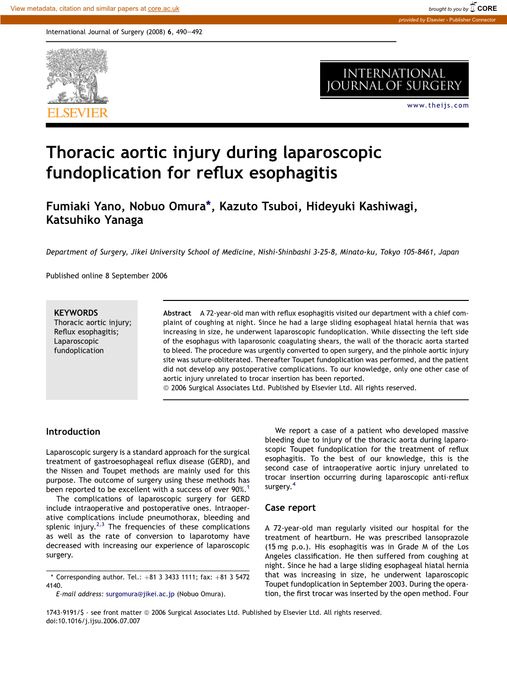 Thoracic Aortic Injury During Laparoscopic Fundoplication for Reflux Esophagitis