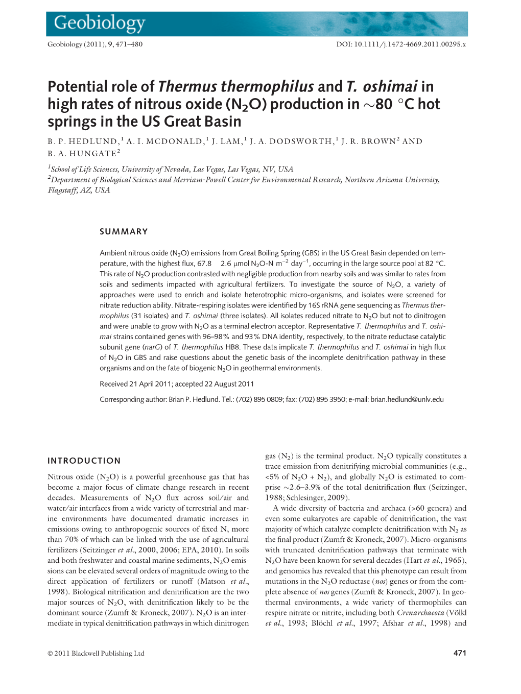 Potential Role of Thermus Thermophilus and T.Oshimai in High Rates of Nitrous Oxide (N2O) Production in 80C Hot Springs in the U