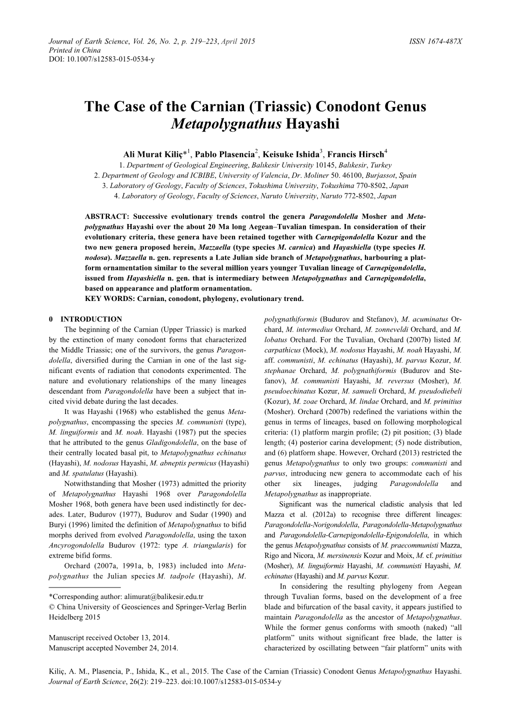 Triassic) Conodont Genus Metapolygnathus Hayashi