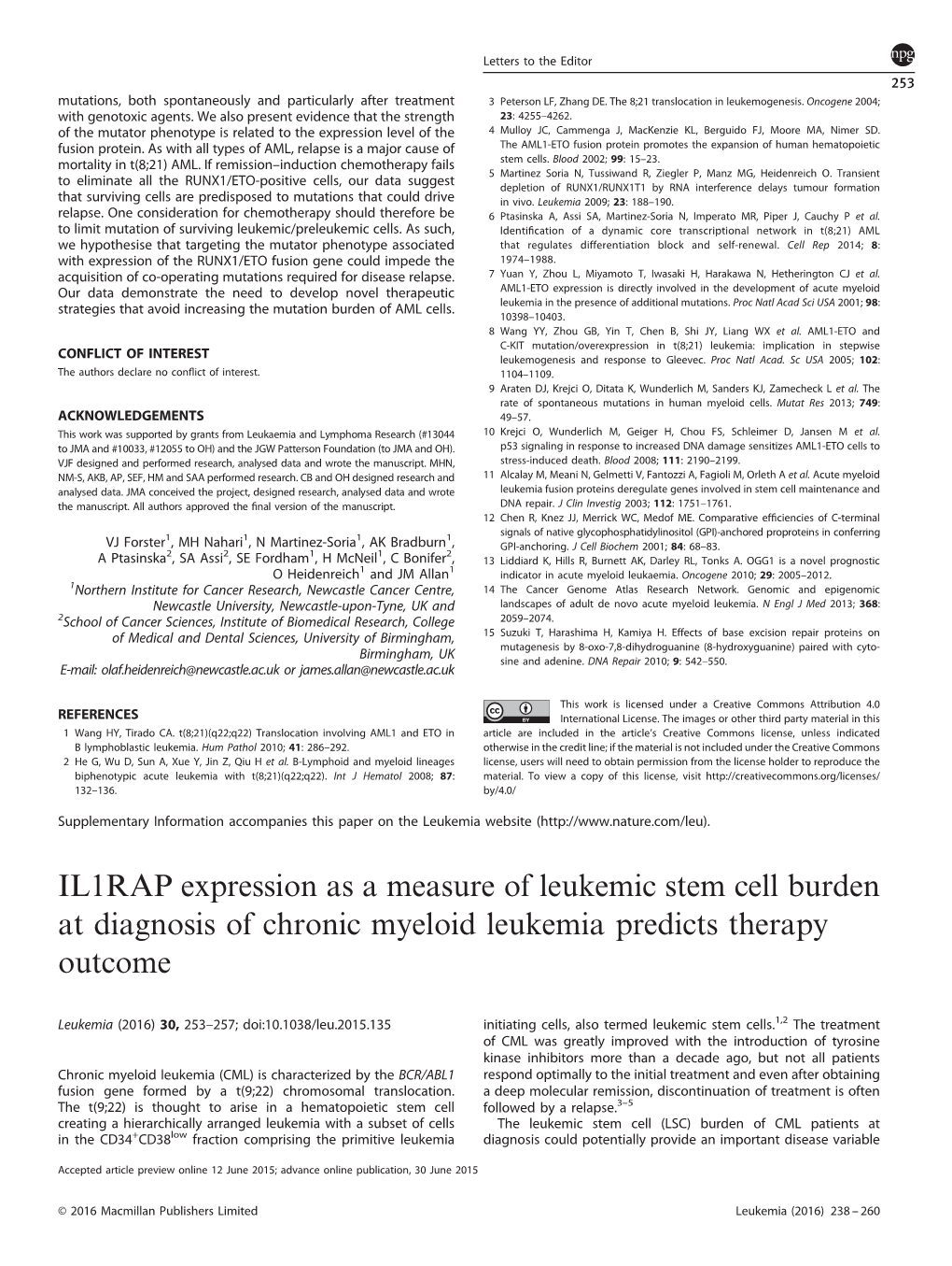 IL1RAP Expression As a Measure of Leukemic Stem Cell Burden at Diagnosis of Chronic Myeloid Leukemia Predicts Therapy Outcome