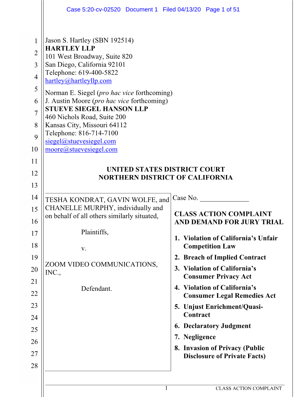 Kondrat Et Al. V. Zoom Video Communications, Inc., No. 5:20-Cv-02520