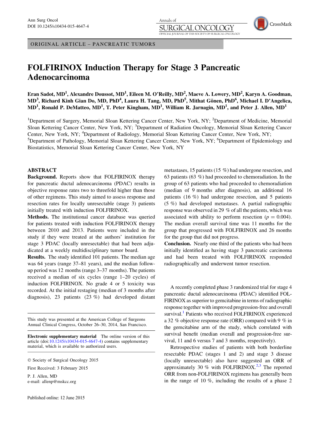 FOLFIRINOX Induction Therapy for Stage 3 Pancreatic Adenocarcinoma