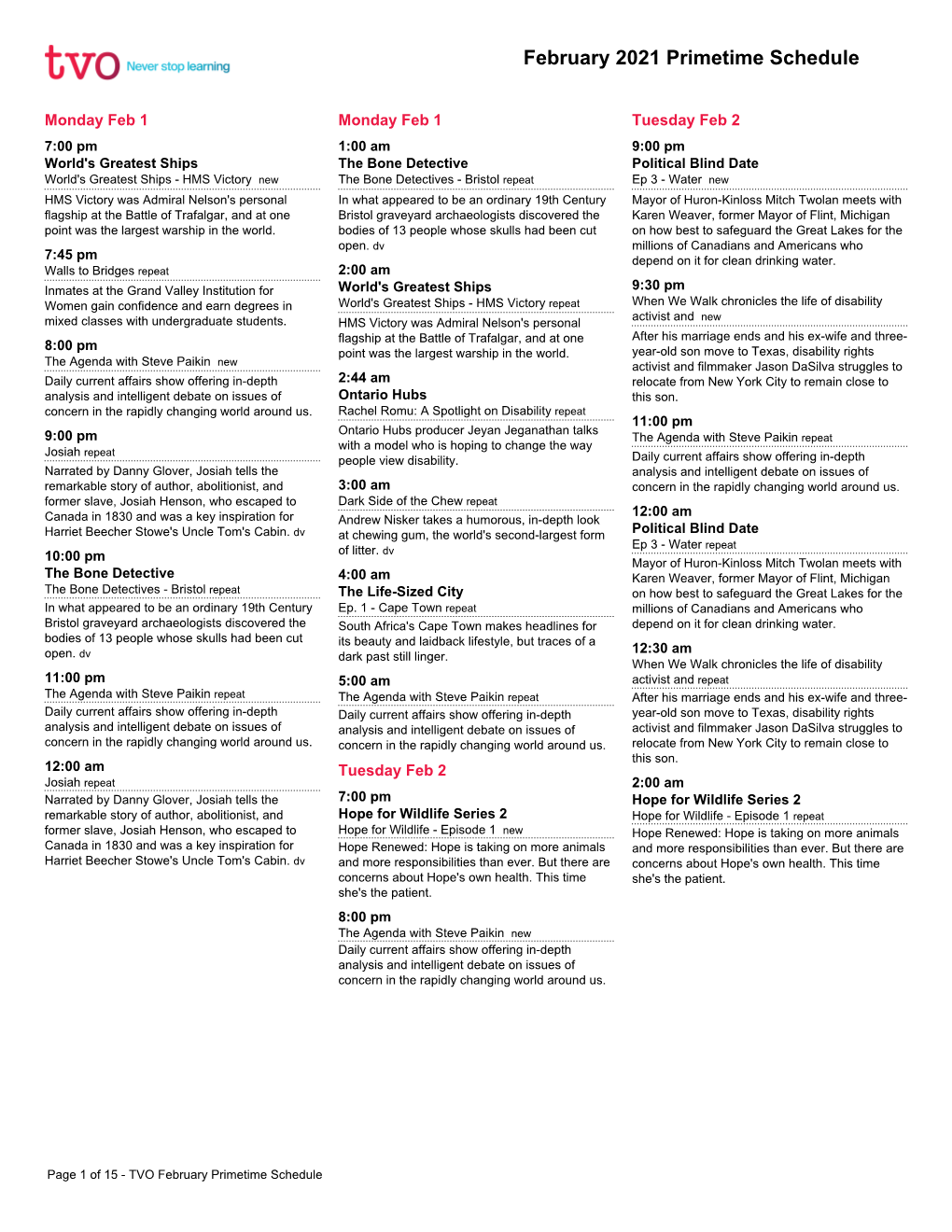 February 2021 Primetime Schedule